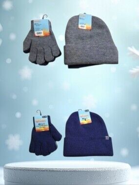 #hL01 Kids Winter Hat and Glove Set - Navy and Gray 2 Pairs.